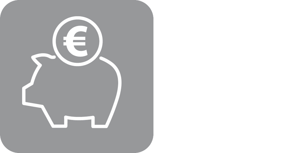 Graues effiziente Fassadengestaltung Icon mit Sparschwein und Münze.