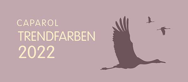 Altrosa Kachel mit lila Vögeln und Text: Caparol Trendfarben 2022